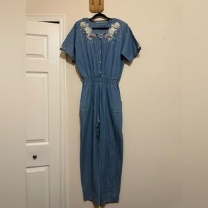 Vtg Spot Light 1990s Denim Jumpsuit Sz L Floral Embroidery Western Grandma Pearl